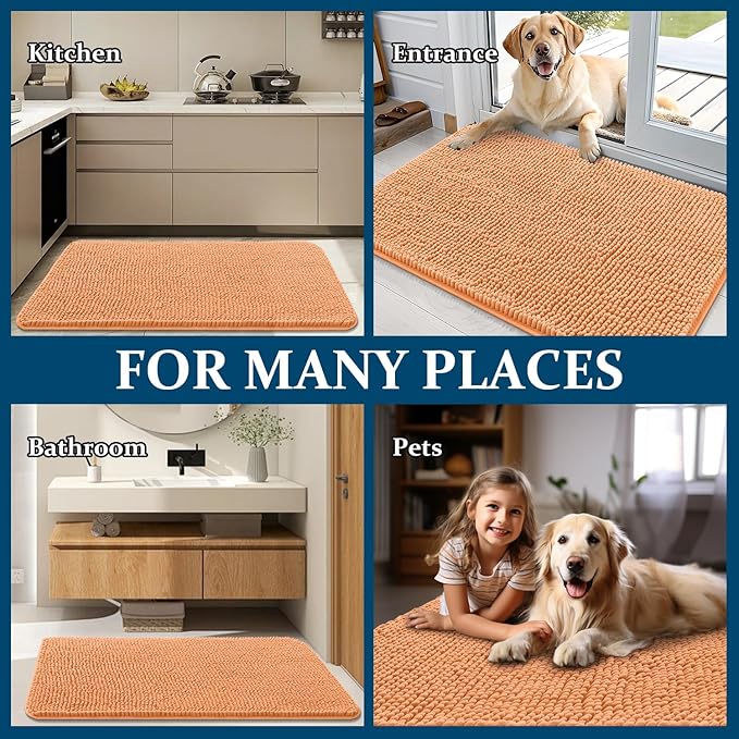 OLANLY Dog Door Mat for Muddy Paws 54x24, Absorbs Moisture and Dirt, Absorbent Non-Slip Washable Doormat, Quick Dry Chenille Mud Mat for Dogs, Entry Indoor Entryway Carpet for Inside Floor, Orange