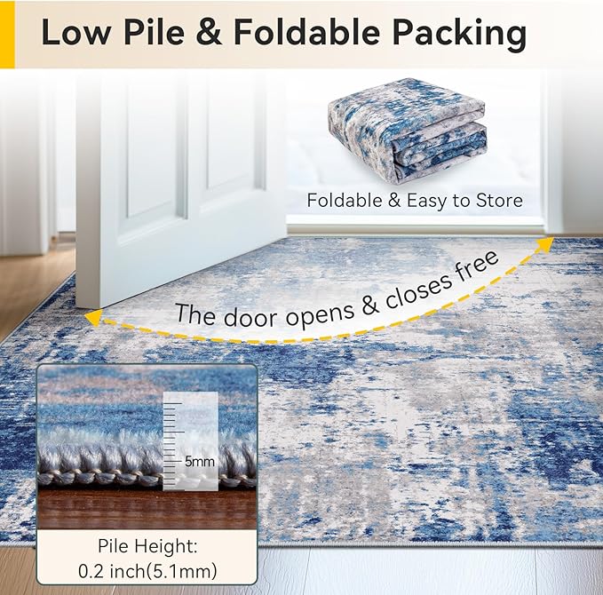 Washable Area Rugs 2'6''x10 Non-Slip Modern Abstract Soft for Living Room Entryway Bedroom Nursery, Print Pattern, Blue Grey Navy Gray
