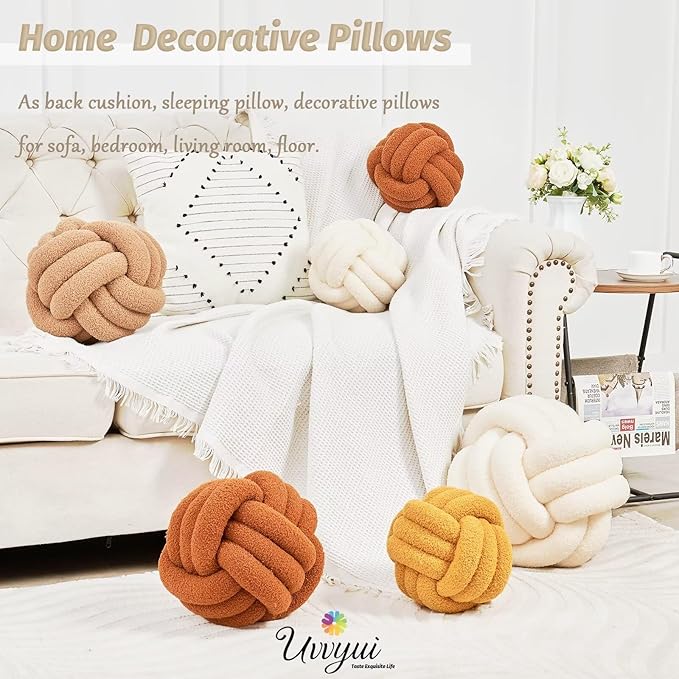 Uvvyui Knot Pillow Ball, Soft Home Decorative Round Throw Pillow, Handmade Knotted Plush Pillow, Round Boucle Pillow Cushion (8.6 Inches Beige)