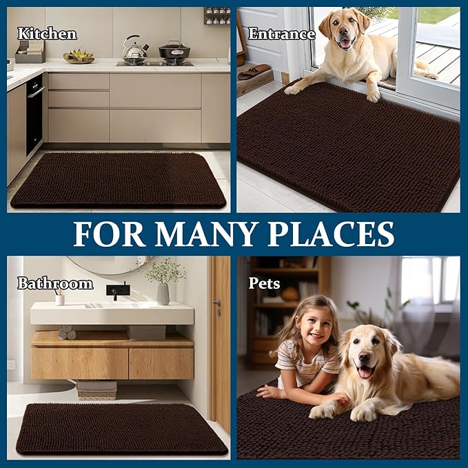 OLANLY Dog Door Mat for Muddy Paws 70x35, Absorbs Moisture and Dirt, Absorbent Non-Slip Washable Doormat, Quick Dry Chenille Mud Mat for Dogs, Entry Indoor Entryway Carpet for Inside Floor, Brown