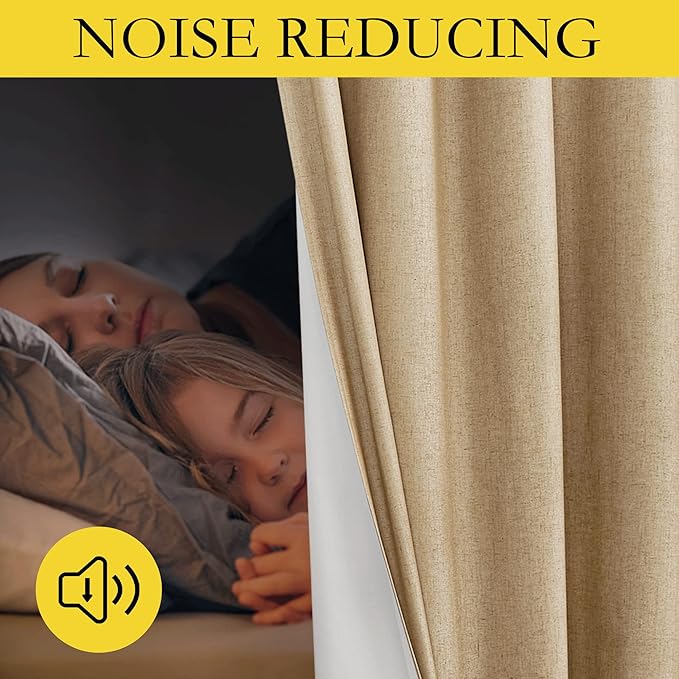 NICETOWN 100% Absolutely Blackout Linen Curtains with Thermal Insulated White Liner, Camel, W52 x L108, 2 Panels, Textured Linen Look Noise Reducing Window Treatments Drapes for Bedroom/Living Room
