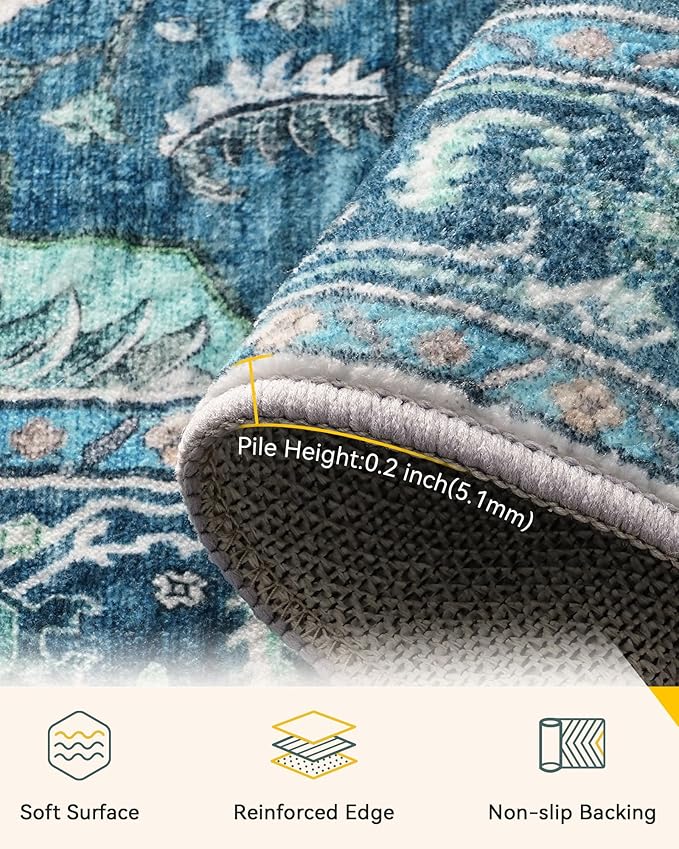 RELEANY Area Rugs 2'x10' Runner Rug Non Slip Washable for Kitchen Hallway Bedroom Beside Laundry Room Bathroom Rug, Floor Carpet, Teal Green Lake Blue Turquoise