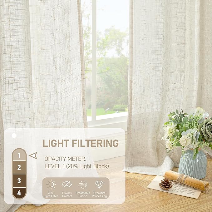 LAMIT Natural Ivory Linen Semi Sheer Curtains 84 inch Length, Cream Light Filtering Soft Thick Neutral Living Room Drapes with Bronze Grommet for Bedroom/Farmhouse, 2 Panels, 52 x 84 Inch