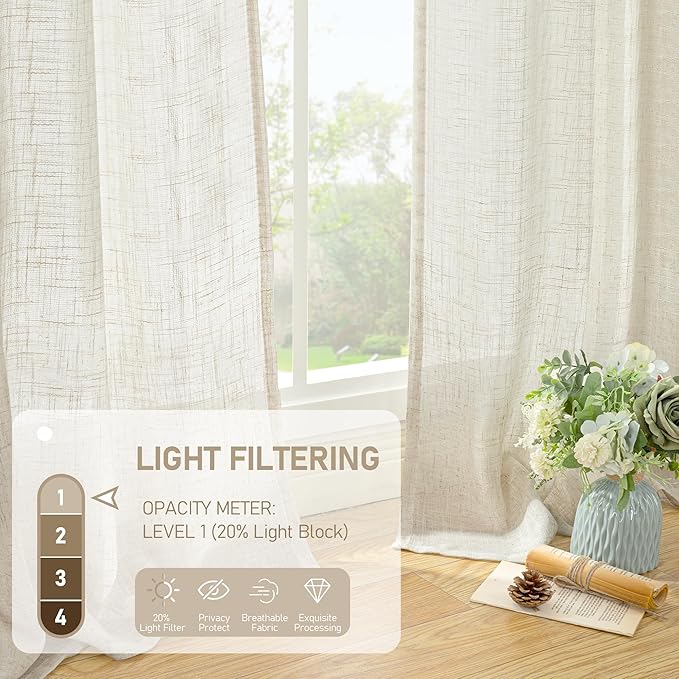LAMIT Sheer Linen Curtains for Living Room 95 inch Long 2 Panels, Light Filtering Natural Curtains Bronze Grommet Linen Textured Neutral Boho Drapes for Bedroom Farmhouse, 52 x 95 Inch