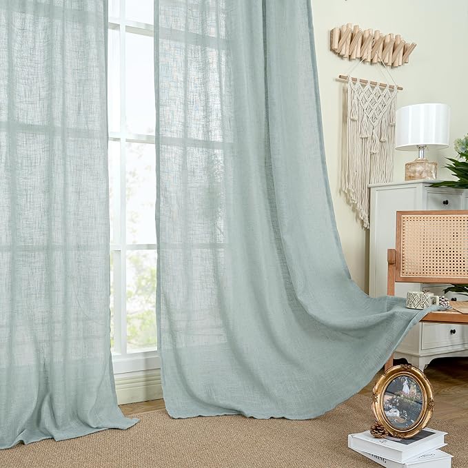 LAMIT Sheer Linen Curtains 63 inches Long for Bedroom, Bronze Grommet Linen Drapes Light Filtering Semi Sheer Curtains for Small Window/Farmhouse, 2 Panels (52 x 63 Inch, Greyish Blue)