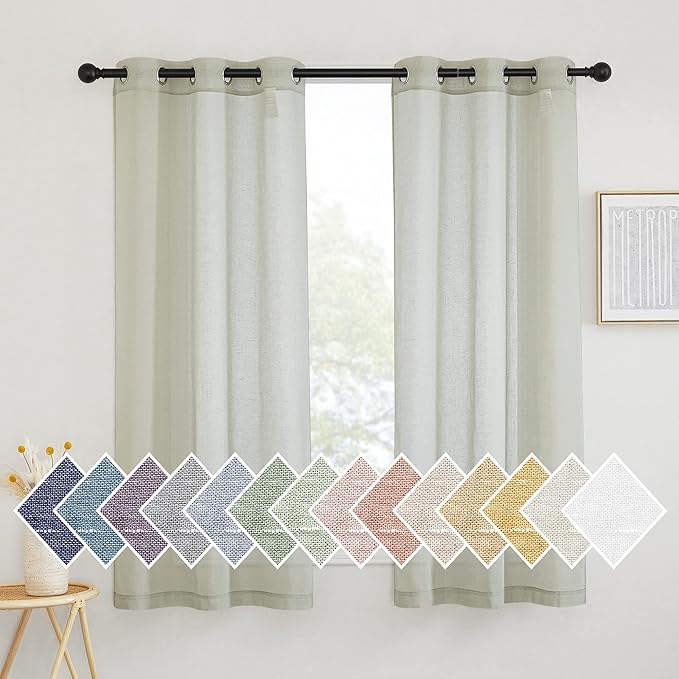 NICETOWN Semi Sheer Sage Green Linen Curtains 63 inch Length, Grommet Rustic Privacy with Light Filtering Flax Sheer Privacy Window Treatments for Loft/Apartment, W36 x L63, 2 Panels