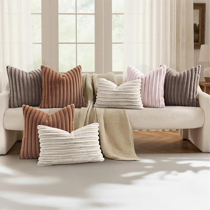 decorUhome Summer Cozy Faux Fur Throw Pillow Covers 26x26 Set of 2 Decorative Plush Striped Modern Farmhouse Boho Couch Euro Sham Pillow Cases with Velvet Back for Sofa Bed Living Room, Pink White
