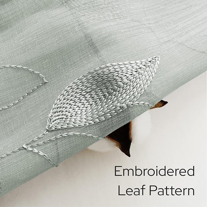 HOMEIDEAS Sage Green Sheer Kitchen Curtains 30 X 36 Inch Length 2 Panels Embroidered Leaf Pattern Short Curtains for Small Window Valance Tiers