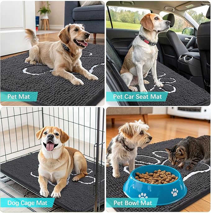 OLANLY Dog Door Mat for Muddy Paws 59x20, Paw Print Design, Absorbs Moisture and Dirt, Absorbent Non-Slip Washable Doormat, Quick Dry Chenille Mud Mat for Dogs, Entry Indoor Entryway Carpet, Dark Grey