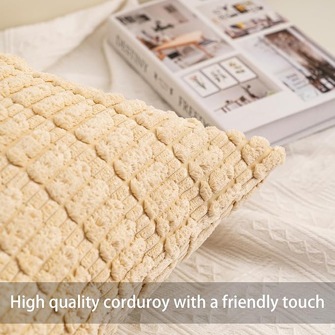 Pack of 2 Corduroy Decorative Throw Pillow Covers 22x22 Inch Soft Striped Pillow Covers Modern Farmhouse Home Decor for Sofa Living Room Couch Bed（Beige）