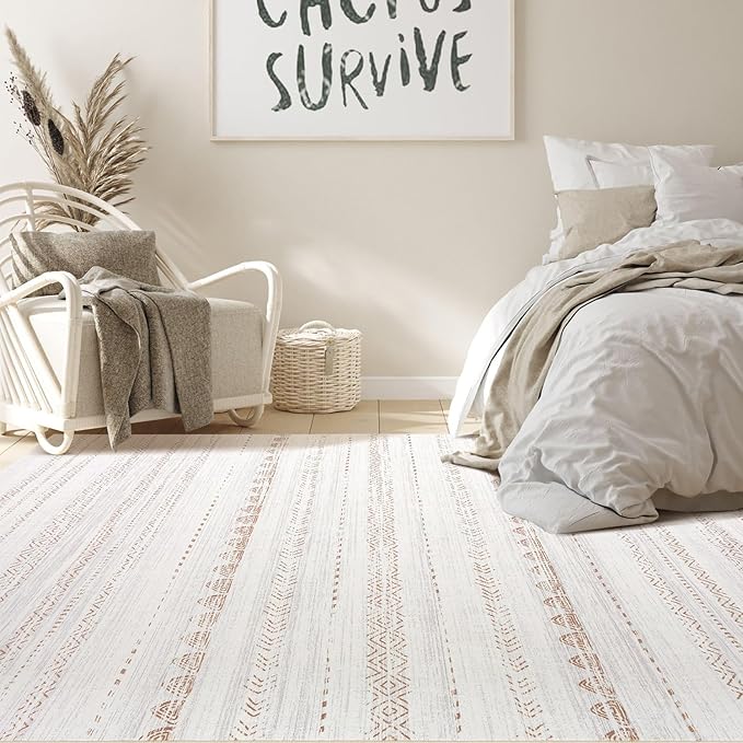 Nakagishi Area Rugs 9x12 Living Room: Washable Boho Large Neutral Modern Soft Farmhouse Rug Stain Resistant Indoor Floor Non-Slip Carpet for Bedroom Nursery Kids Playroom Office Dining Room- Brown