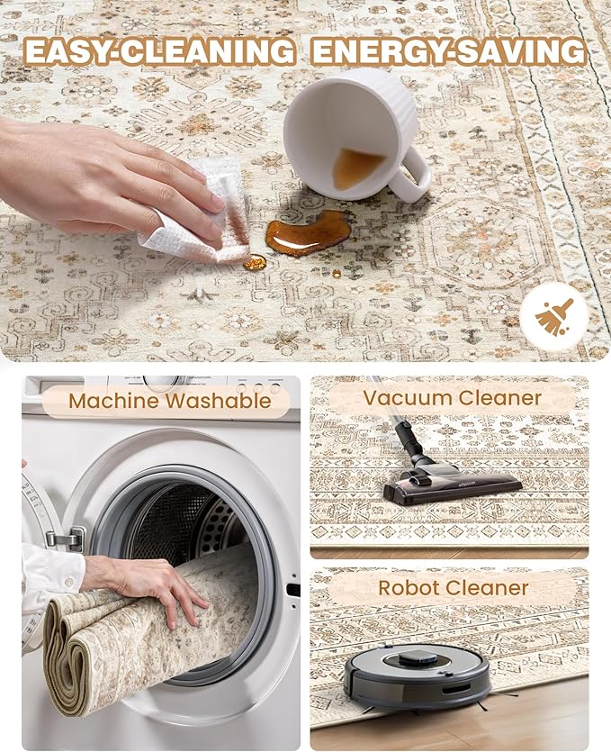 Washable Runner Rug 2.5x14, Non-Slip Long Kitchen Mats for Floor, Vintage Rug for Entryway, Soft Hallway Runner for Dining Room, Bedroom, Living Room(Cream/Beige,2.5'x14')
