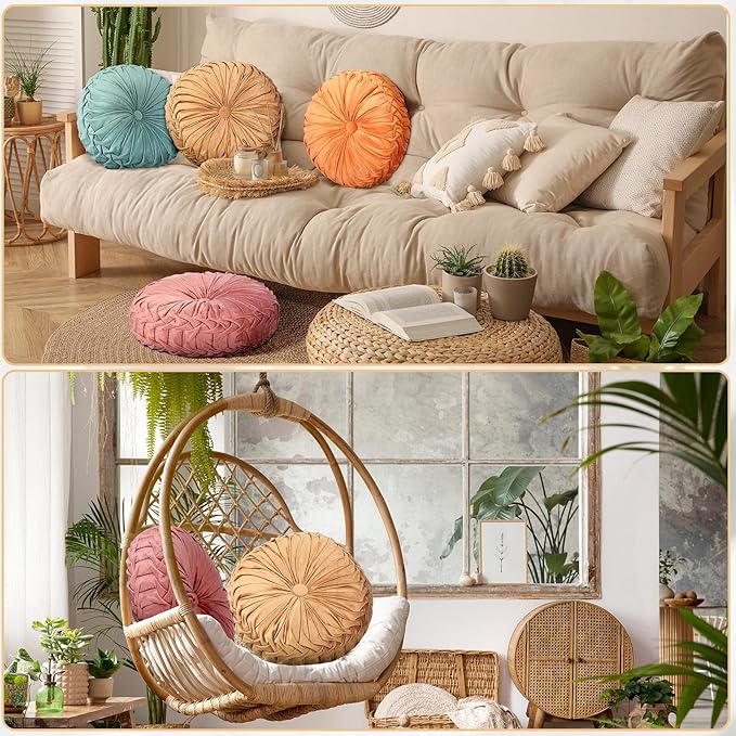 Kathfly Set of 4 Decorative Round Pleated Throw Pillows, Classy Velvet Pumpkin Round Throw Pillows, Decorative Floor Pillow for Bed Chair Home Sofa Decor, 14" Diameter(Colorful)