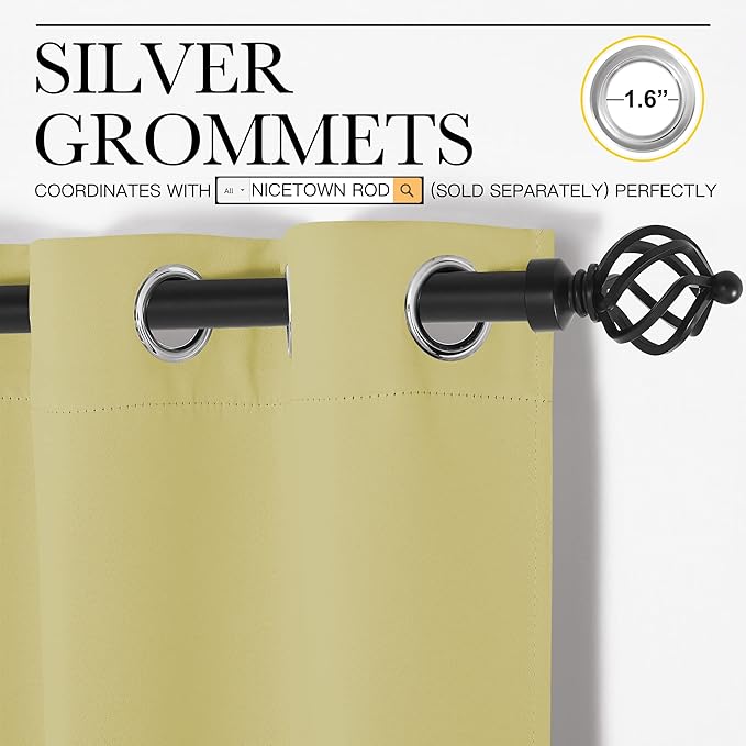 NICETOWN Paler Yellow Room Darkening Curtains for Kitchen, Set of 2, 42 inches Wide by 78 inches Long, Window Treatment Thermal Insulated Solid Grommet Room Darkening Curtains/Drapes for Bedroom