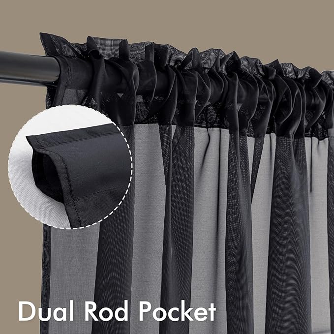 MIULEE Black Sheer Curtains 63 Inches Long, 4 Panels Set, Light Filtering Halloween Rod Pocket Voile Drapes for Living Room and Bedroom, Airy Soft Fabric Window Treatments, 42 x 63 Inches