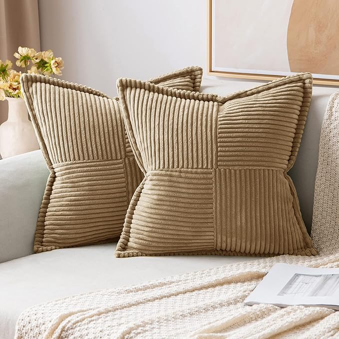 MIULEE Decorative Throw Pillow Covers for Couch Bed Livingroom 16x16 Inch Set of 2 Khaki Boho Accent Throw Pllows Broadside Striped Patchwork Soft Corduroy Pillowcases