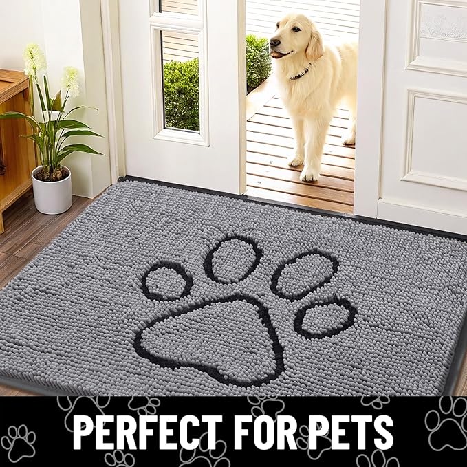Smiry Dog Door Mat for Muddy Paws, Absorbent Dirt Trapper Non Slip Quick Dry Washable Chenille Mat for Mud Dogs, Entry Rug for Indoor and Outdoor (59x24 Inches, Grey and Black)