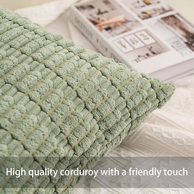 Pack of 2 Christmas Green Corduroy Decorative Throw Pillow Covers 20x20 Inch Soft Striped Pillow Covers Modern Farmhouse Home Decor for Sofa Living Room Couch Bed（Blackish Green）