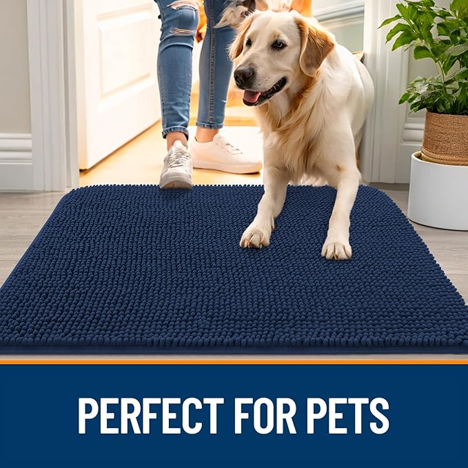 OLANLY Dog Door Mat for Muddy Paws 54x32, Absorbs Moisture and Dirt, Absorbent Non-Slip Washable Doormat, Quick Dry Chenille Mud Mat for Dogs, Entry Indoor Entryway Carpet for Inside Floor, Dark Blue
