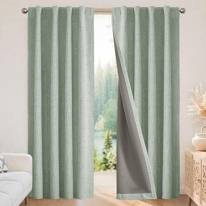 Joydeco Blackout Curtains for Bedroom - 100% Light Blocking 2 Panels Sage Green Drapes 42"W x 108"L, Thermal Insulated Room Darkening Curtains, Linen Textured for Living Room, Rod Pocket & Back Tabs