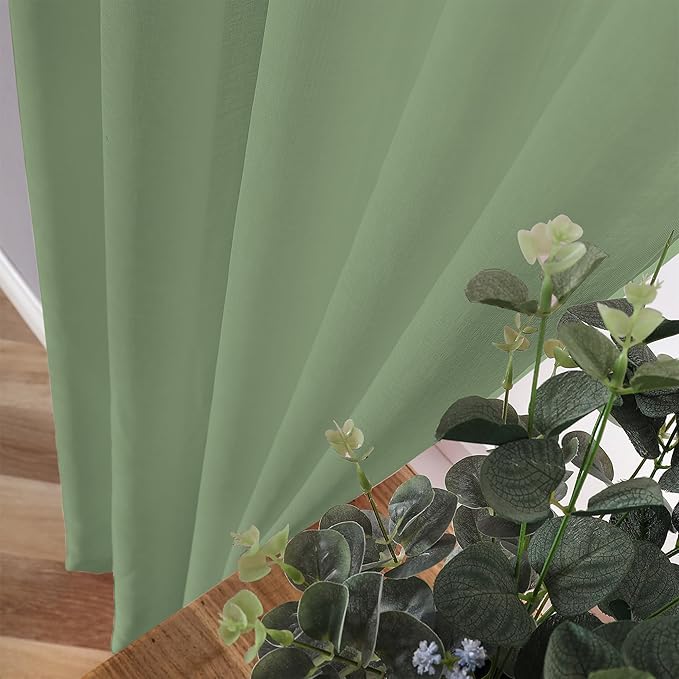 Tollpiz Sheer Tier Curtain Linen Textured Half Kitchen Curtains Sheer Light Filtering Rod Pocket Voile Small Curtains for Bathroom, 25 x 36 inches Long, Sage Green, Set of 2 Panels