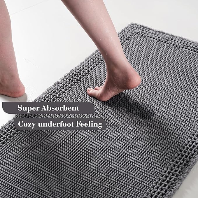 RESARE Waffle Bath Mat - Super Absorbent Non Slip Machine Washable, Ultra Soft Boho Rug with Tassels, Upgraded Bordered Design, 17"x24" Dark Grey