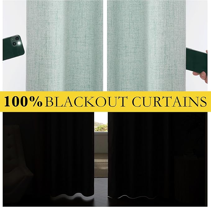 NICETOWN 100% Absolutely Blackout Linen Curtains with Thermal Insulated White Liner, Seafoam Green, 52" Wide, 72" Length Energy Saving Curtains for Living Room 2 Panels Set, Vertical Blinds