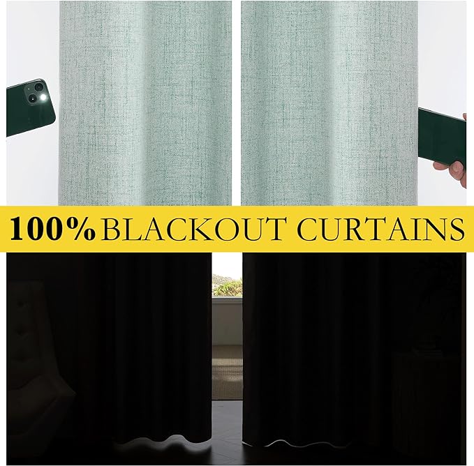 NICETOWN 100% Absolutely Blackout Linen Curtains with Thermal Insulated Liner, Seafoam Green, 62" Wide, 72" Length Energy Saving Curtains for Playroom 2 Panels Set, Vertical Blinds