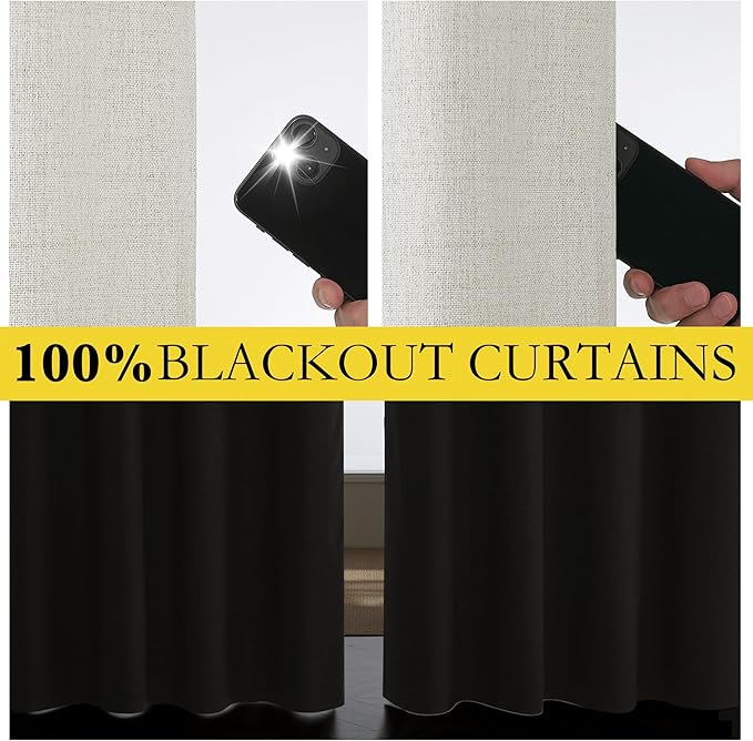 NICETOWN Snowbound Vintage Linen 100% Blackout Curtains for Living Room, Thermal Insulated Curtains 108" Long, Noise Reducing Window Treatment Drapes for Hall Room, 52" Wide Per Panel, Set of 2