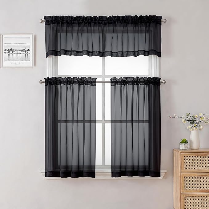 Lecloud 36 Inch Black Curtains Sheer Tiers for Kitchen Set of 2 Pieces, Dual Rod Pocket Window Small Curtain for Bedroom, Elegant Living Room Bathroom Cafe Cupboard Gauzy Tiers, 40W x 36L Inch