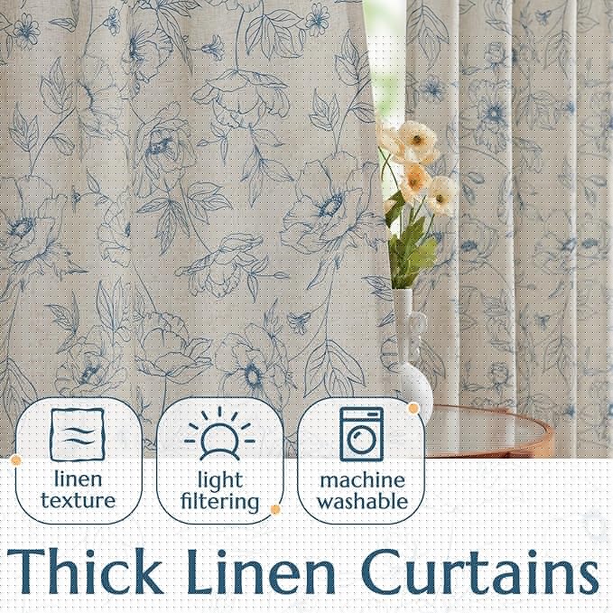 jinchan Floral Linen Curtains for Living Room 63 Inch Length Blue Flower Curtain Rod Pocket Back Tab Farmhouse Curtains with Printed Floral Bedroom Window Curtain Set, 2 Panels Blue