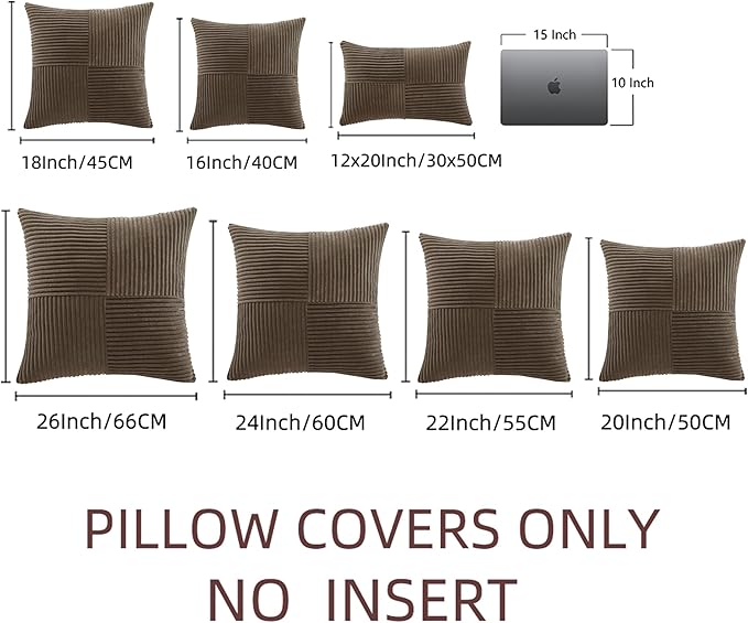 Fancy Homi 2 Packs Dark Brown Decorative Throw Pillow Covers 16x16 Inch for Living Room Couch Bed Sofa, Rustic Farmhouse Boho Home Decor, Soft Corss Patchwork Corduroy Textured Cushion Case 40x40 cm