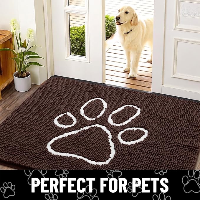 Smiry Dog Door Mat for Muddy Paws, Absorbent Dirt Trapper Non Slip Quick Dry Washable Chenille Mat for Mud Dogs, Entry Rug for Indoor and Outdoor (40x24 Inches, Brown and White)