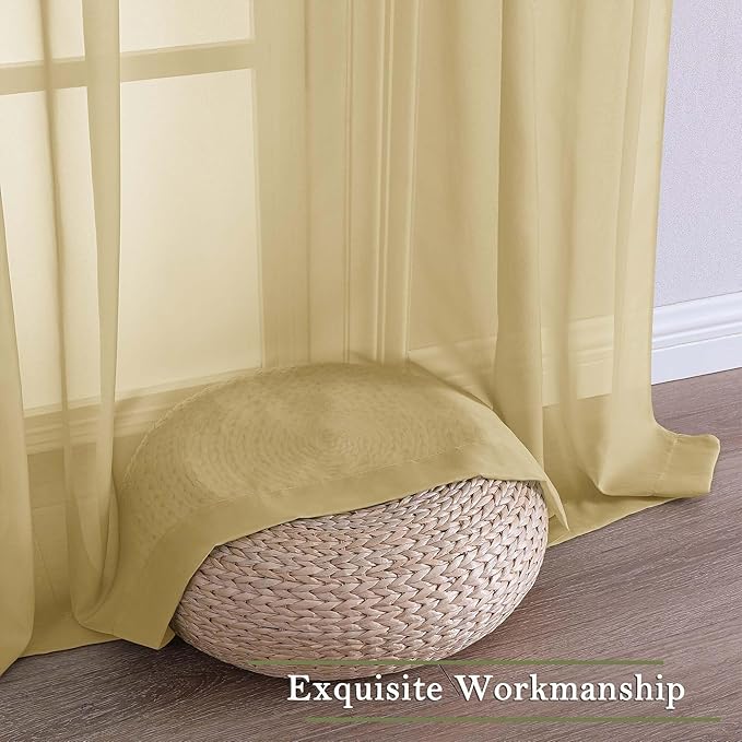 Lecloud Gold Sheer Curtains 63 Inch Length 2 Panels, Rod Pockets Window Treatments Light Filtering Bedroom Curtains for Living Room, Soft Home Drapes for Bathroom, Each Panel 59" W x 63" L