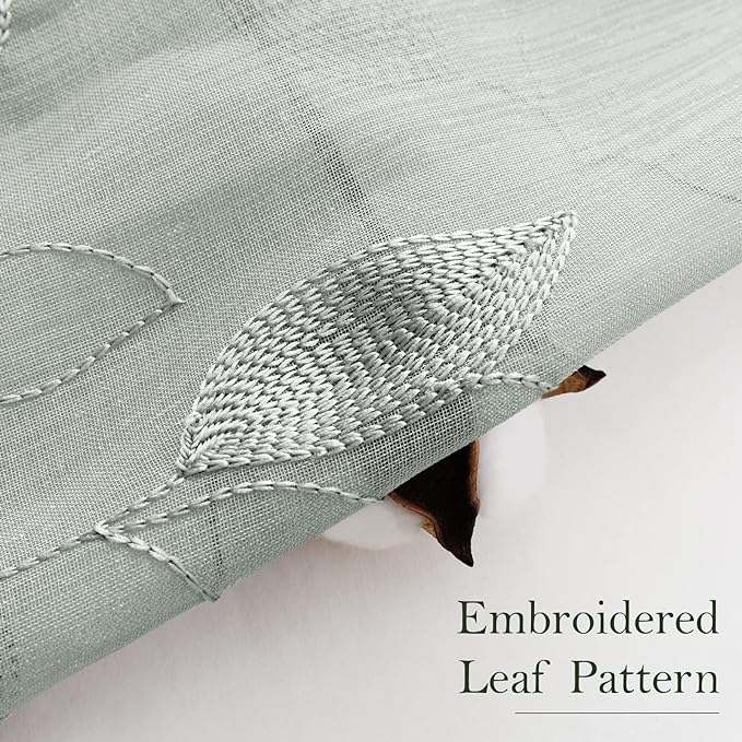 HOMEIDEAS Sage Green Sheer Curtains 52 X 96 Inches Long 2 Panels Embroidered Leaf Pattern Pocket Faux Linen Floral Semi Sheer Voile Window Curtains/Drapes for Bedroom Living Room