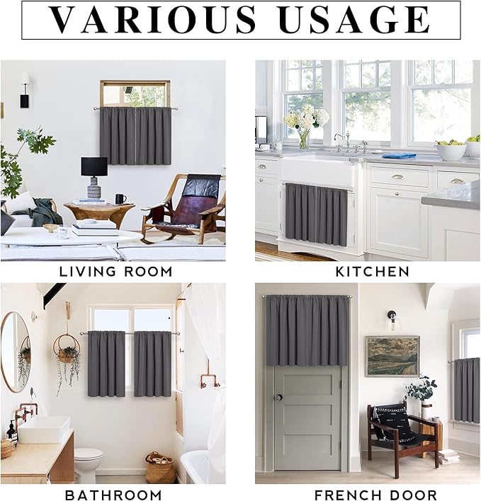 RYB HOME Basement Bathroom Kitchen Cafe Blackout Privacy Curtains, Short Insulating Light UV Heat Blocking Privacy Curtain Tiers for Laundry Room, Width 34 by Length 30, Grey, 2 Panels