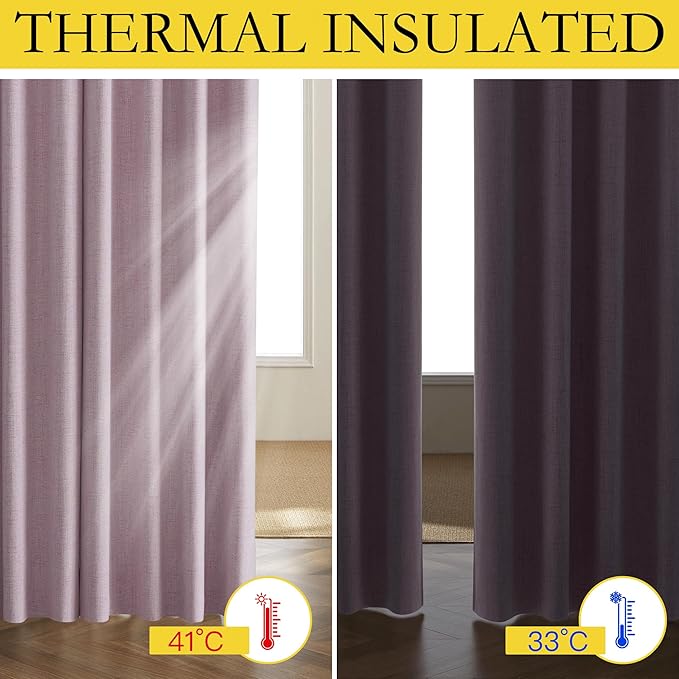 NICETOWN Pink Vintage Linen 100% Blackout Curtains for Living Room, Thermal Insulated Curtains 63" Long, Noise Reducing Window Treatment Drapes for Hall Room, 52" Wide Per Panel, Set of 2