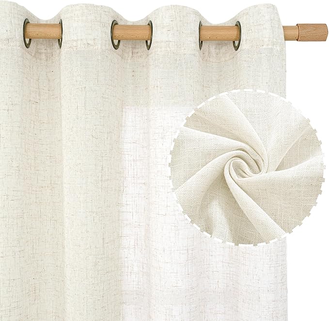 LAMIT Cream Linen Sheer Curtains 96 inches Long, Bronze Grommet Vertical Window Drapes Light Filtering Living Room Panels for Bedroom/Sliding Glass Door Floor to Ceiling, 2 Panel Set, 52 x 96 Inch