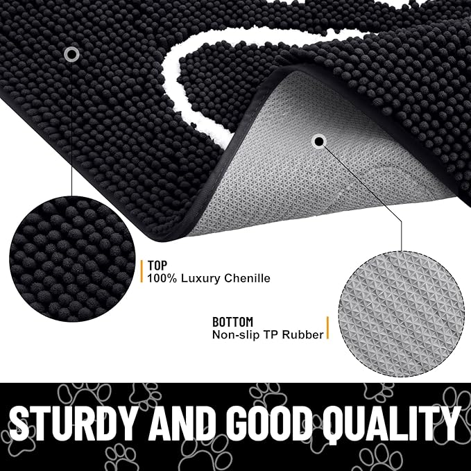 Smiry Dog Door Mat for Muddy Paws, Absorbent Dirt Trapper Non Slip Quick Dry Washable Chenille Mat for Mud Dogs, Entry Rug for Indoor and Outdoor (47x20 Inches, Black and White)