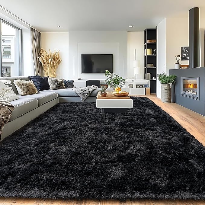 Pionblank 9x12 Area Rug, Large Area Rug for Living Room, Shag Rug for Bedroom, Soft Furry Non Slip Carpet for Kids Room Nursery Teens Dorm Home Decor, Black