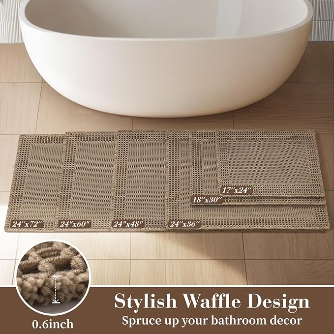 RESARE Waffle Bath Mat for Bathroom, Super Absorbent Bathroom Rugs Non Slip Machine Washable, Ultra Soft Quick Dry Boho Bath Rugs with Tassels for Floor, Upgraded Bordered Design, 24"x36" Brown