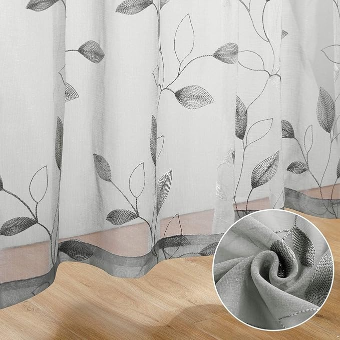 HOMEIDEAS Light Grey/Gray Sheer Curtains 52 X 96 Inches Long 2 Panels Embroidered Leaf Pattern Pocket Faux Linen Floral Semi Sheer Voile Window Curtains/Drapes for Bedroom Living Room