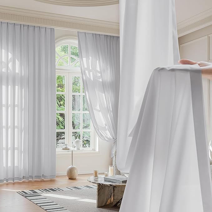 FMFUNCTEX Sheer Non-See-Through Grey Curtains for Bedroom, Faux Silk that Let Light Curtains 90 inches Long Light Filtering Privacy Sheer Window Drapes for Living Room, Rod Pocket 2 Panels Set