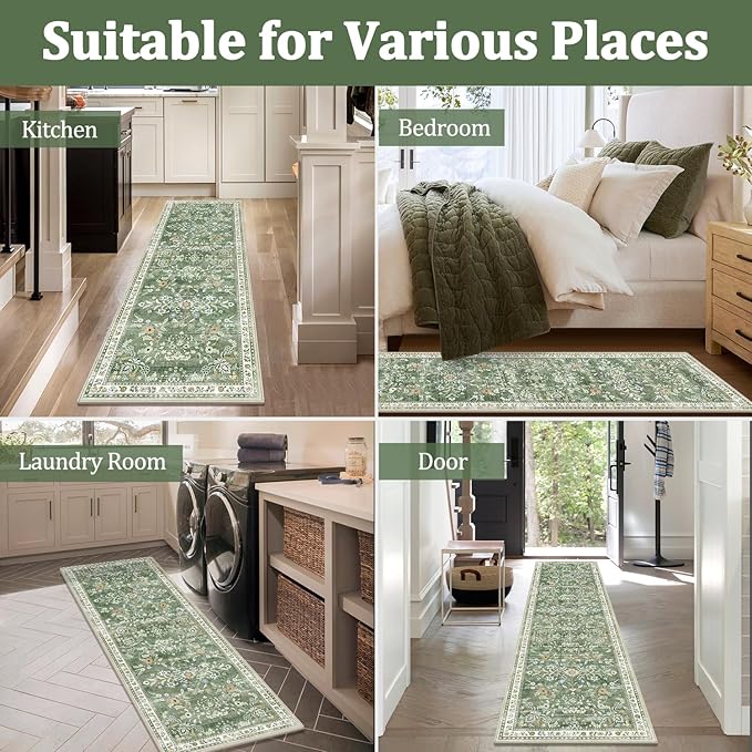 Yamaziot Washable Runner Rug 2x4 – Non Slip Boho Floral Hallway Runner Rug with Rubber Backing, Low Pile Faux Wool Distressed Carpet for Kitchen, Laundry, Bedroom, Entrance, Green