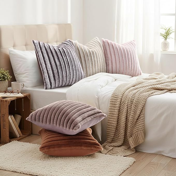 decorUhome Summer Cozy Faux Fur Throw Pillow Covers 24x24 Set of 2 Decorative Plush Striped Modern Farmhouse Boho Couch Euro Sham Pillow Cases with Velvet Back for Sofa Bed Living Room, Pink White