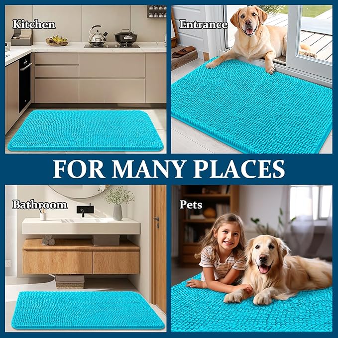 OLANLY Dog Door Mat for Muddy Paws 47x17, Absorbs Moisture and Dirt, Absorbent Non-Slip Washable Doormat, Quick Dry Chenille Mud Mat for Dogs, Entry Indoor Entryway Carpet for Inside Floor, Aqua Blue