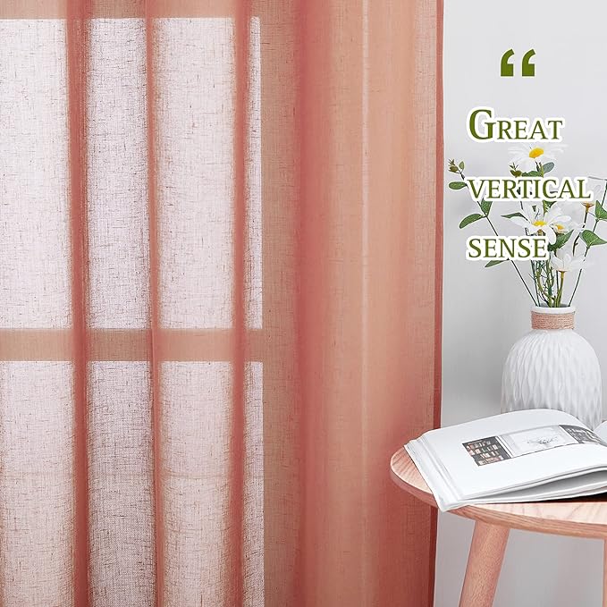 NICETOWN Washed Linen Curtains for Window, Grommet Natural Linen Semi Sheer Window Treatment Privacy with Light Filter Vertical Drapes for Bedroom, Terracotta=Burnt Orange, 2 Panels, W52 x L63