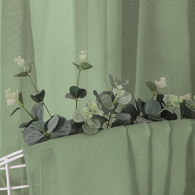 Tollpiz Short Sheer Curtain Linen Textured Bedroom Curtains Sheer Light Filtering Rod Pocket Voile Curtain for Living Room, 54 x 54 inches Long, Sage Green, Set of 2 Panels