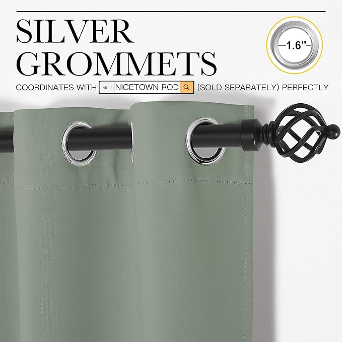 NICETOWN Bedroom Curtain Panels Blackout Draperies, Thermal Insulated Solid Grommet Blackout Curtains/Drapes (Greyish Green, 1 Pair, 55 by 68-inch)