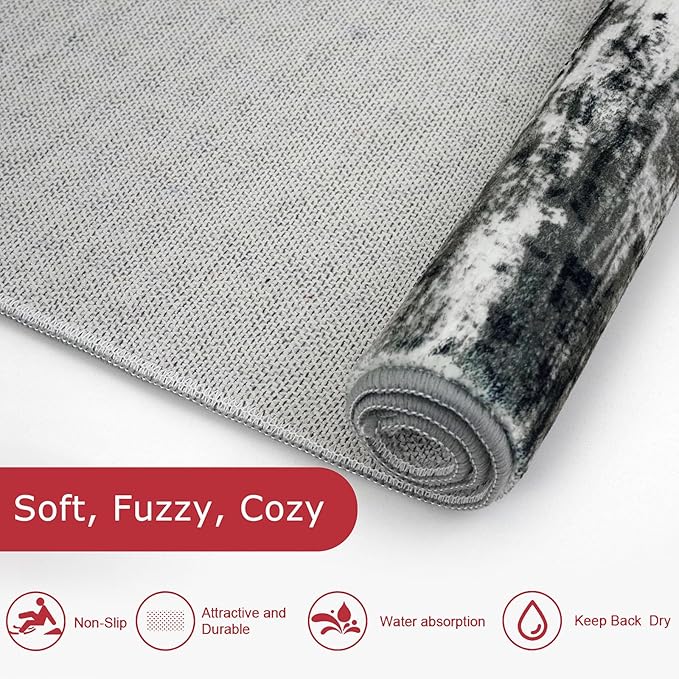 KOZYFLY 3x8 Ft Rug Modern Ombre Runner Rug for Hallway, Washable Kitchen Rugs Non-Slip Soft Striped Entryway Rug, Print Black Grey Abstract Carpet for Laundry Nursery